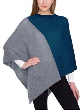 Celeste Wool & Cashmere Two-Tone Poncho Sweater Knit Blue and Gray Colorblock